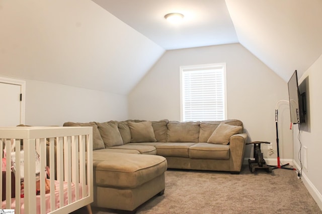 living room featuring vaulted ceiling and light colored carpet