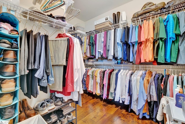 walk in closet with wood-type flooring