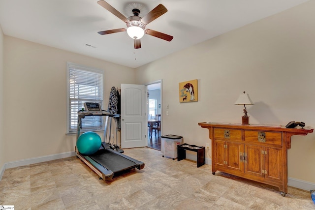 workout room with ceiling fan