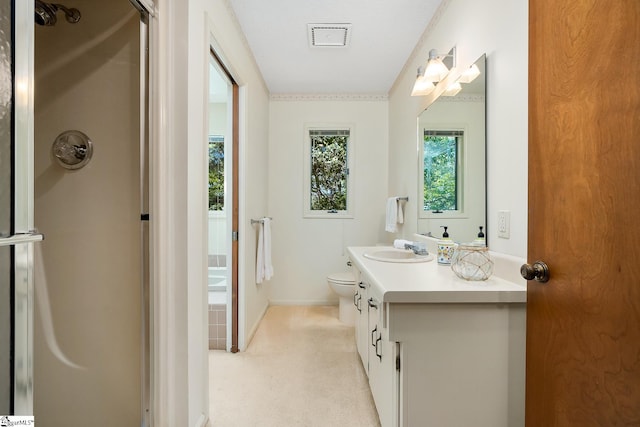 bathroom featuring toilet, vanity, and walk in shower