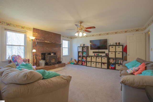 living room with carpet and ceiling fan