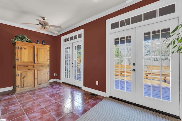 doorway to outside with ceiling fan, ornamental molding, french doors, and tile patterned floors