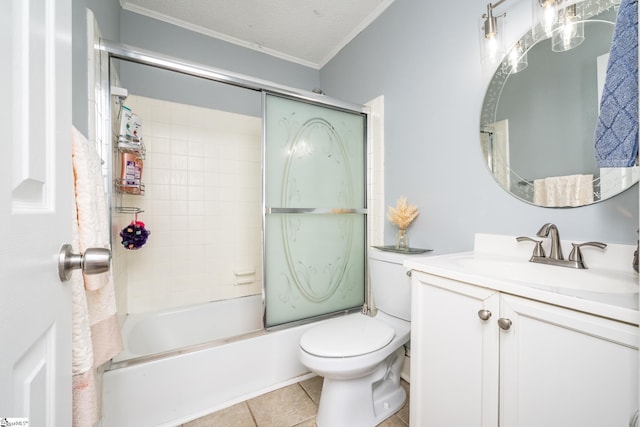 full bathroom with tile patterned floors, toilet, a textured ceiling, vanity, and bath / shower combo with glass door