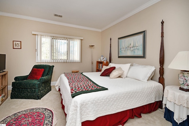 bedroom featuring ornamental molding and light colored carpet