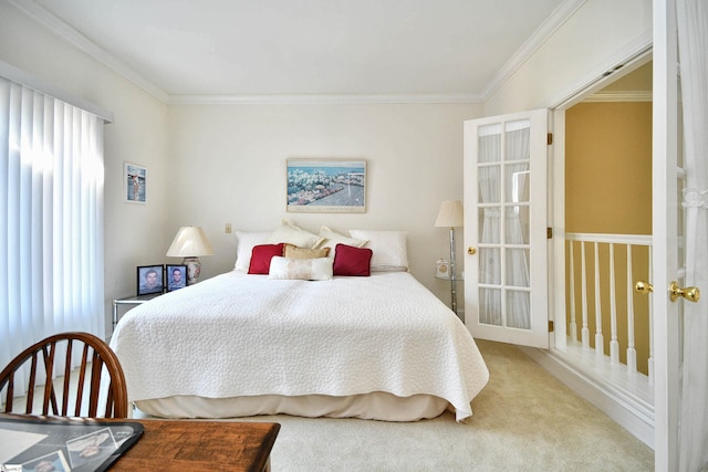 carpeted bedroom with ornamental molding