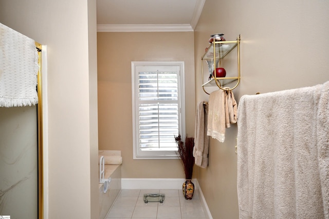 bathroom with tile patterned floors, crown molding, and an enclosed shower