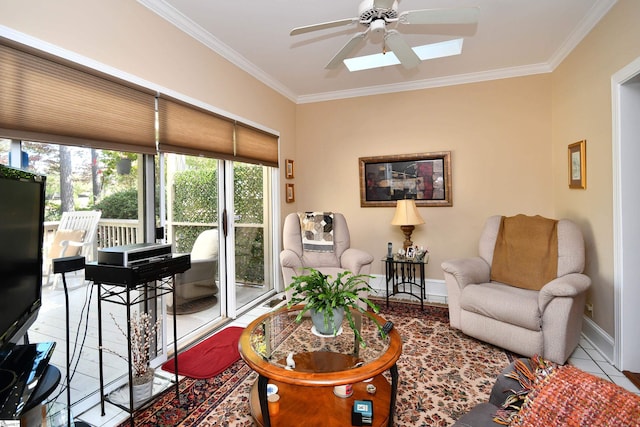 tiled living room featuring crown molding and ceiling fan