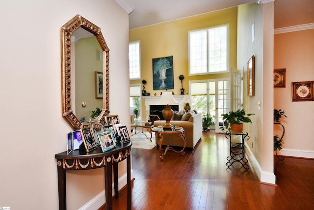 living room with ornamental molding, a high ceiling, and dark hardwood / wood-style floors