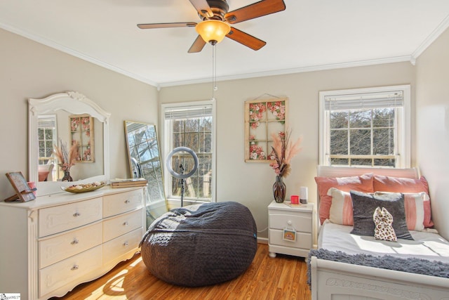 bedroom with ornamental molding, multiple windows, and light hardwood / wood-style flooring