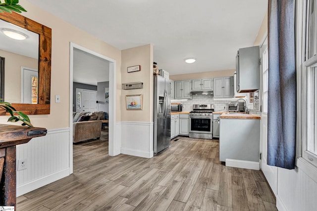 kitchen featuring light hardwood / wood-style flooring, sink, gray cabinets, wood counters, and appliances with stainless steel finishes