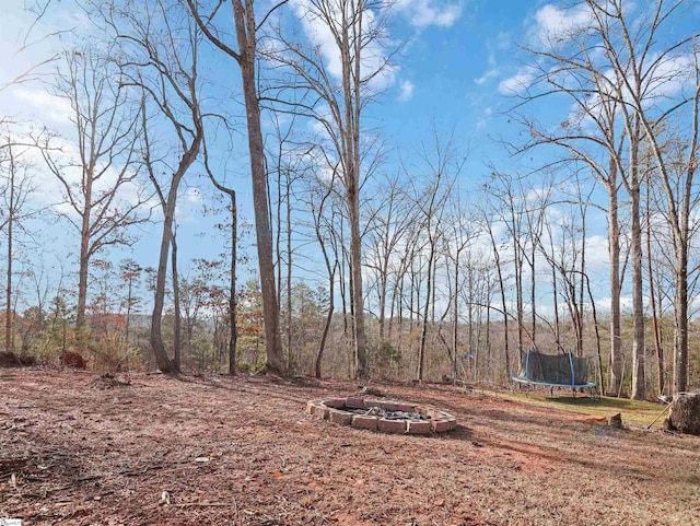 view of yard featuring a trampoline and a fire pit