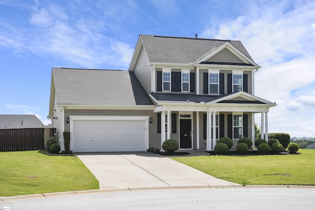 view of front of house featuring a front yard, a garage, and a porch