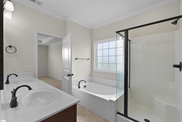 bathroom featuring vanity, tile patterned flooring, crown molding, and shower with separate bathtub