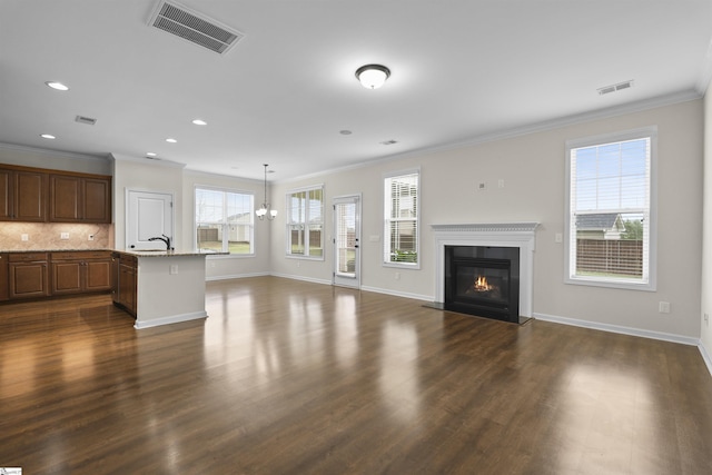 unfurnished living room with crown molding, sink, and dark hardwood / wood-style flooring