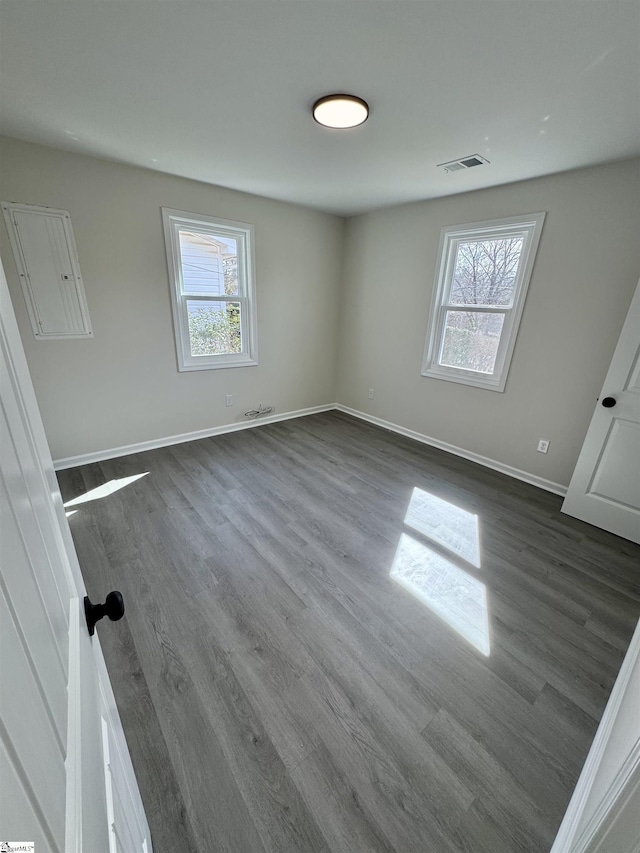 spare room featuring dark wood-type flooring and plenty of natural light