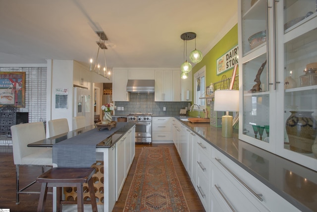 kitchen with white cabinetry, high quality appliances, decorative light fixtures, and range hood