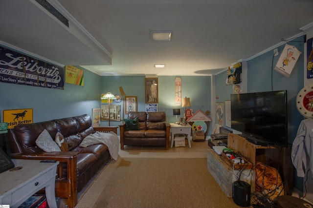 living room featuring crown molding and light colored carpet