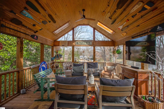 sunroom with plenty of natural light, vaulted ceiling with skylight, and wood ceiling