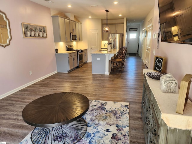 kitchen with gray cabinets, sink, stainless steel appliances, and a center island with sink