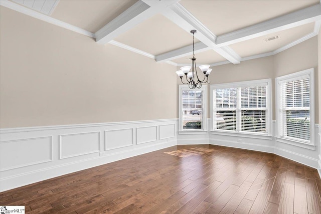 unfurnished dining area with dark wood-type flooring, a chandelier, coffered ceiling, beamed ceiling, and ornamental molding