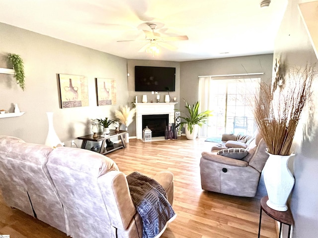 living room featuring hardwood / wood-style floors and ceiling fan