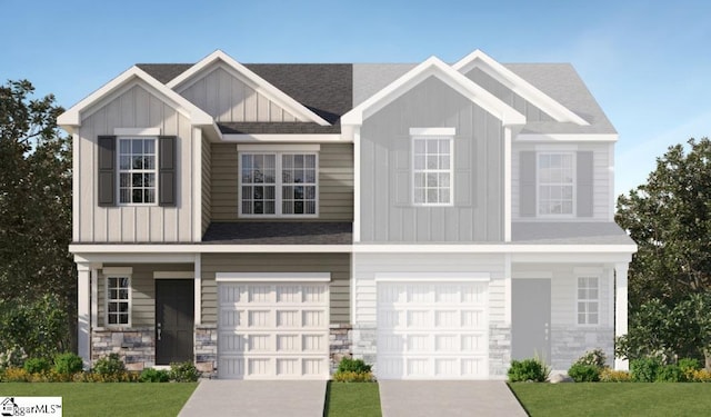 craftsman-style home with a shingled roof, board and batten siding, a garage, stone siding, and driveway