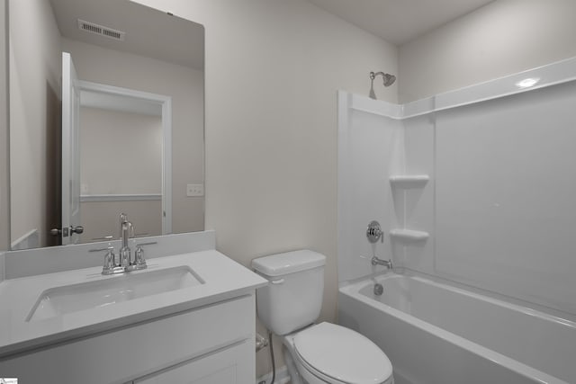 full bathroom featuring shower / bath combination, visible vents, toilet, and vanity