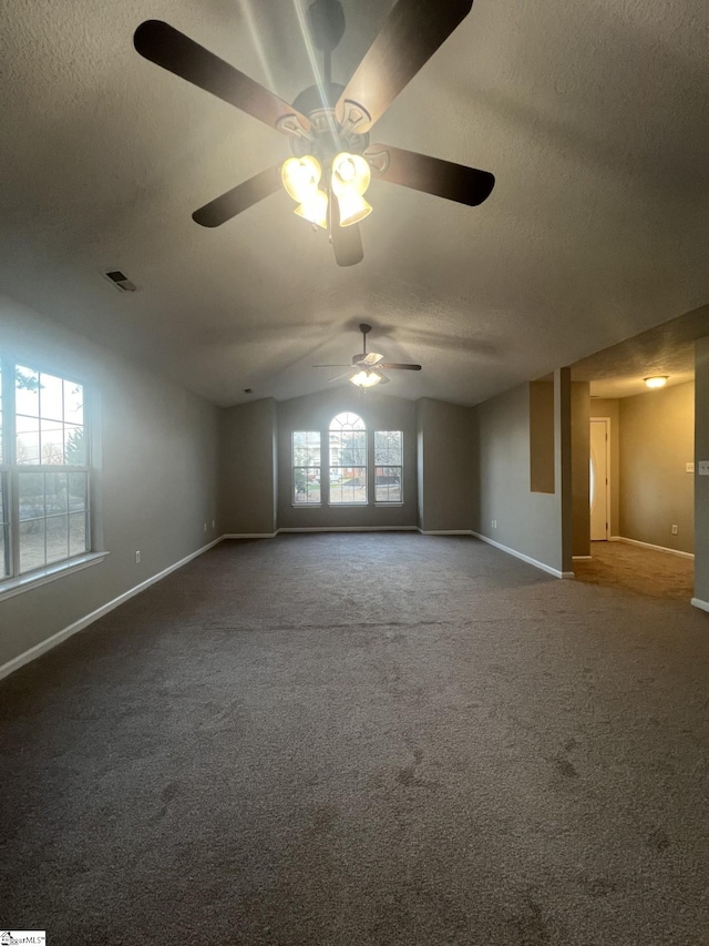 empty room featuring a textured ceiling, carpet floors, and plenty of natural light