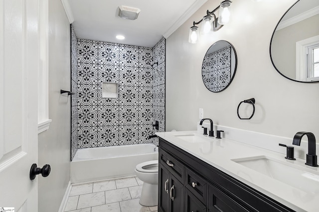 full bathroom with bathtub / shower combination, crown molding, vanity, and toilet