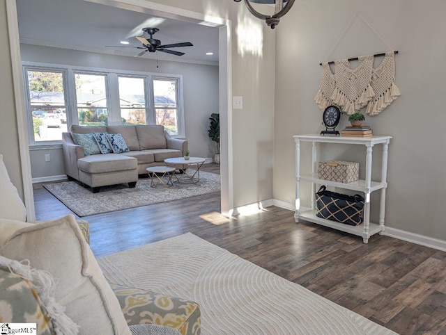 living room featuring dark hardwood / wood-style flooring, ceiling fan, crown molding, and a wealth of natural light