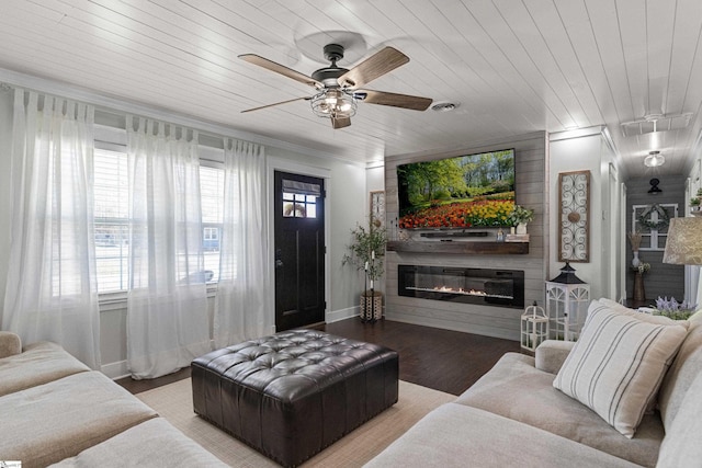 living room with wooden ceiling, ceiling fan, and wood-type flooring