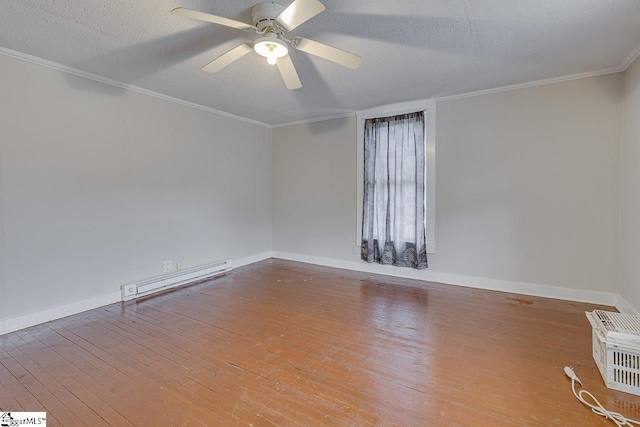 empty room with baseboard heating, wood-type flooring, crown molding, ceiling fan, and a textured ceiling