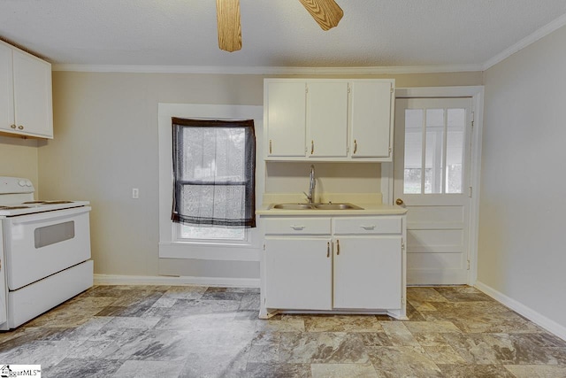 kitchen featuring white cabinets, ornamental molding, electric stove, a textured ceiling, and sink