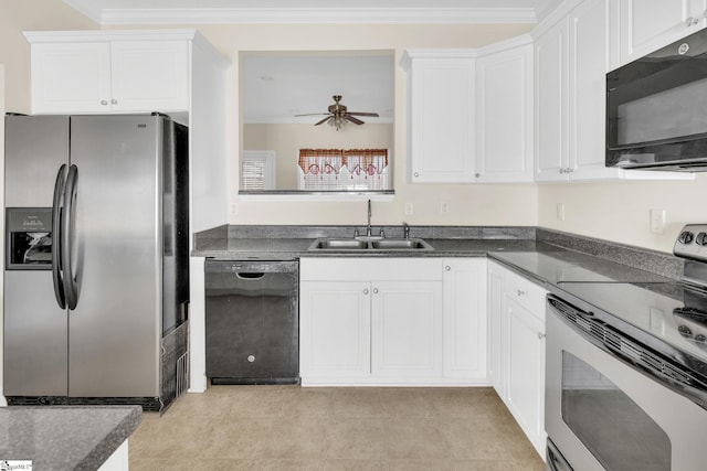 kitchen featuring white cabinets, black appliances, and sink