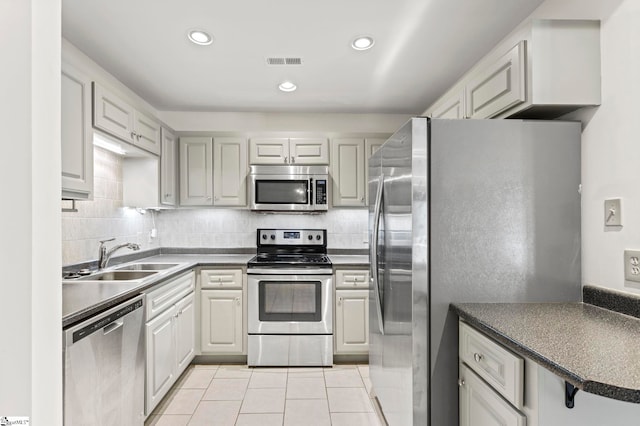 kitchen with a sink, dark countertops, visible vents, appliances with stainless steel finishes, and backsplash