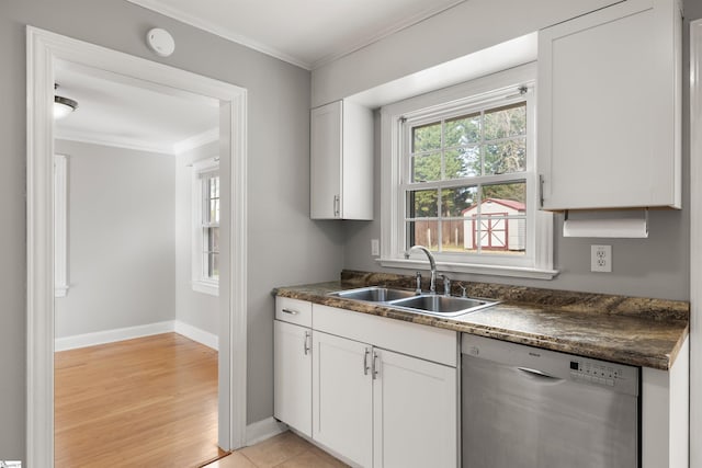 kitchen featuring ornamental molding, white cabinetry, a sink, and dishwasher