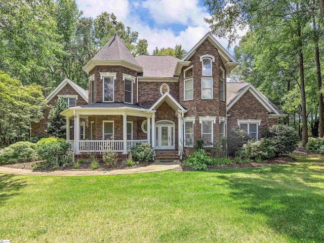 victorian-style house with brick siding, a porch, a shingled roof, and a front yard