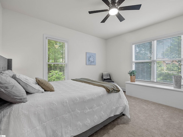 carpeted bedroom with a ceiling fan and multiple windows