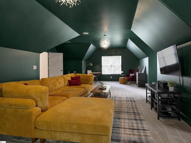 carpeted home theater featuring lofted ceiling