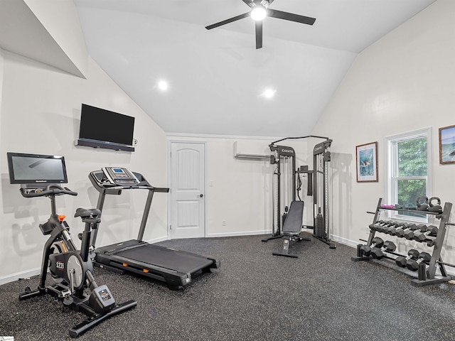 exercise room with baseboards, a wall mounted air conditioner, lofted ceiling, and a ceiling fan