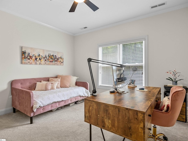 bedroom featuring ceiling fan, carpet flooring, crown molding, and visible vents