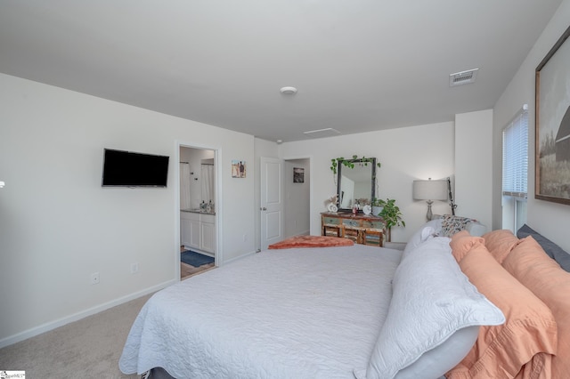 bedroom featuring baseboards, visible vents, and carpet floors