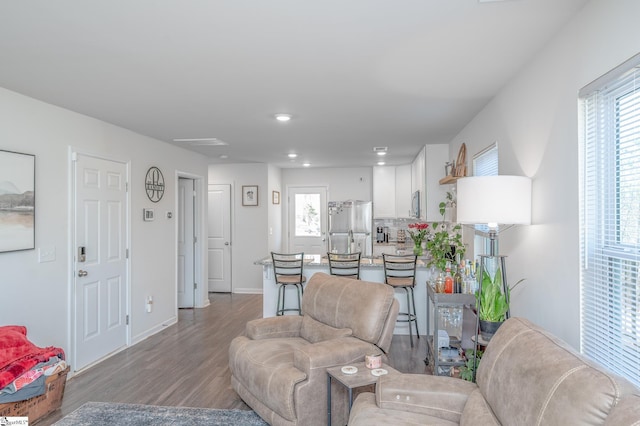 living area featuring a wealth of natural light, baseboards, and wood finished floors