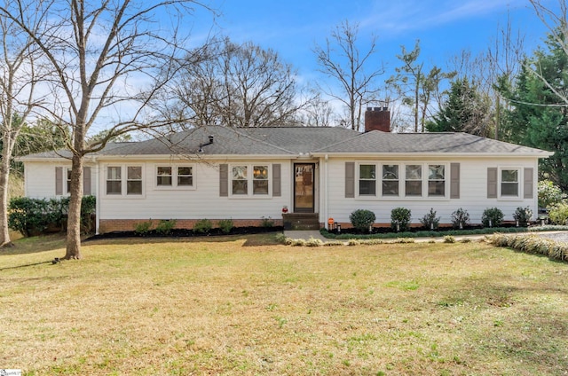 single story home with entry steps, a front lawn, a chimney, and a shingled roof