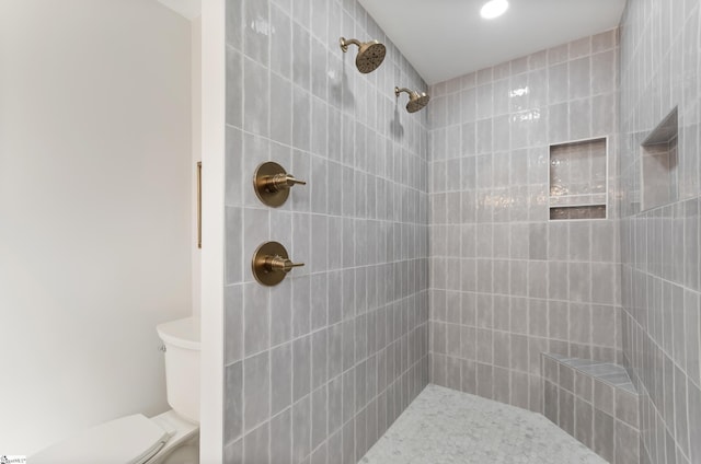 full bathroom featuring toilet and tiled shower