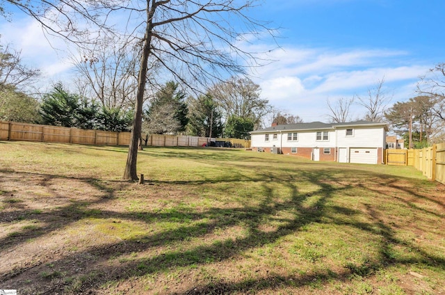 view of yard featuring a garage and a fenced backyard