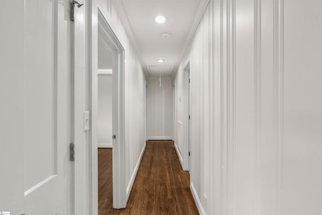 hall featuring recessed lighting, dark wood finished floors, attic access, and baseboards