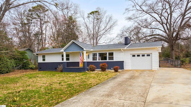 ranch-style home featuring a garage, driveway, crawl space, a chimney, and a front yard