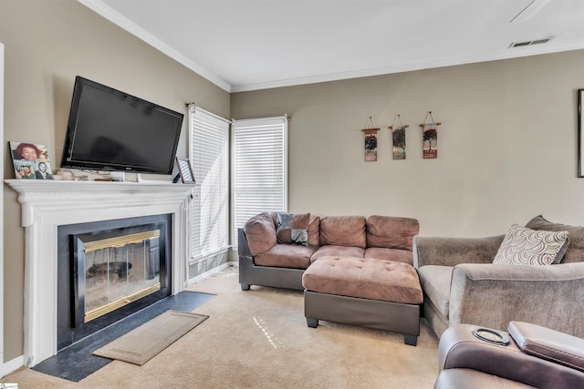 carpeted living room with a fireplace with flush hearth, visible vents, and crown molding