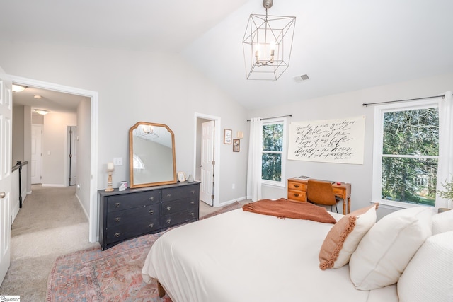 bedroom featuring light carpet, baseboards, visible vents, lofted ceiling, and a notable chandelier